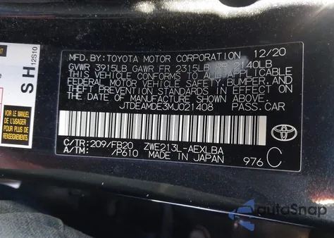 2021 Toyota Corolla Hybrid Le from USA, damaged, VIN JTDEAMDE3MJ021408